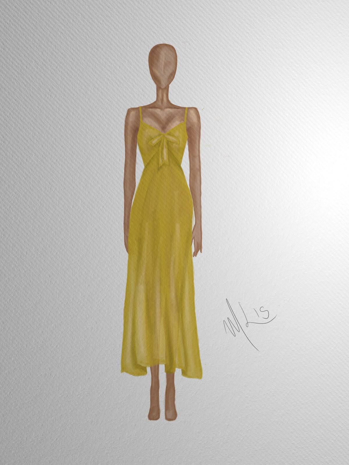 Croqui de vestido midi amarelo com laco no busto