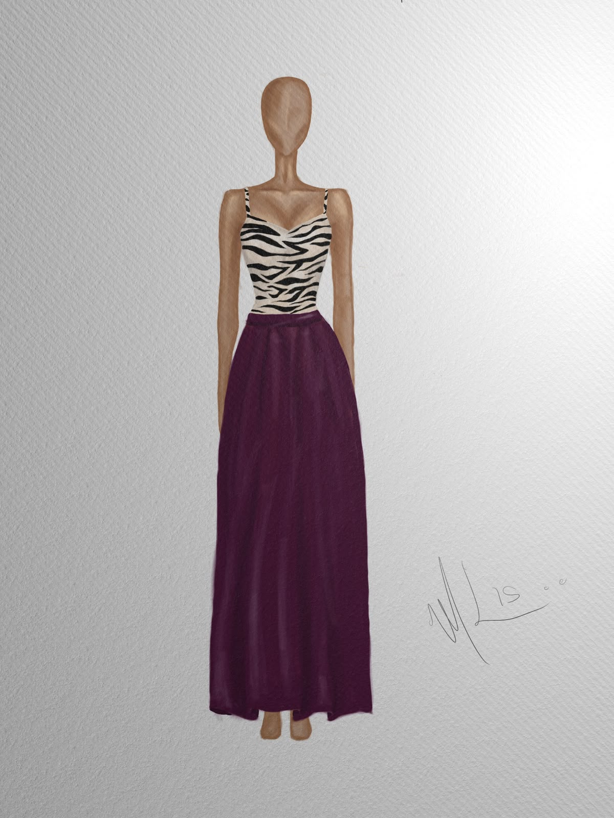 Croqui de top animal print com saia longa roxa