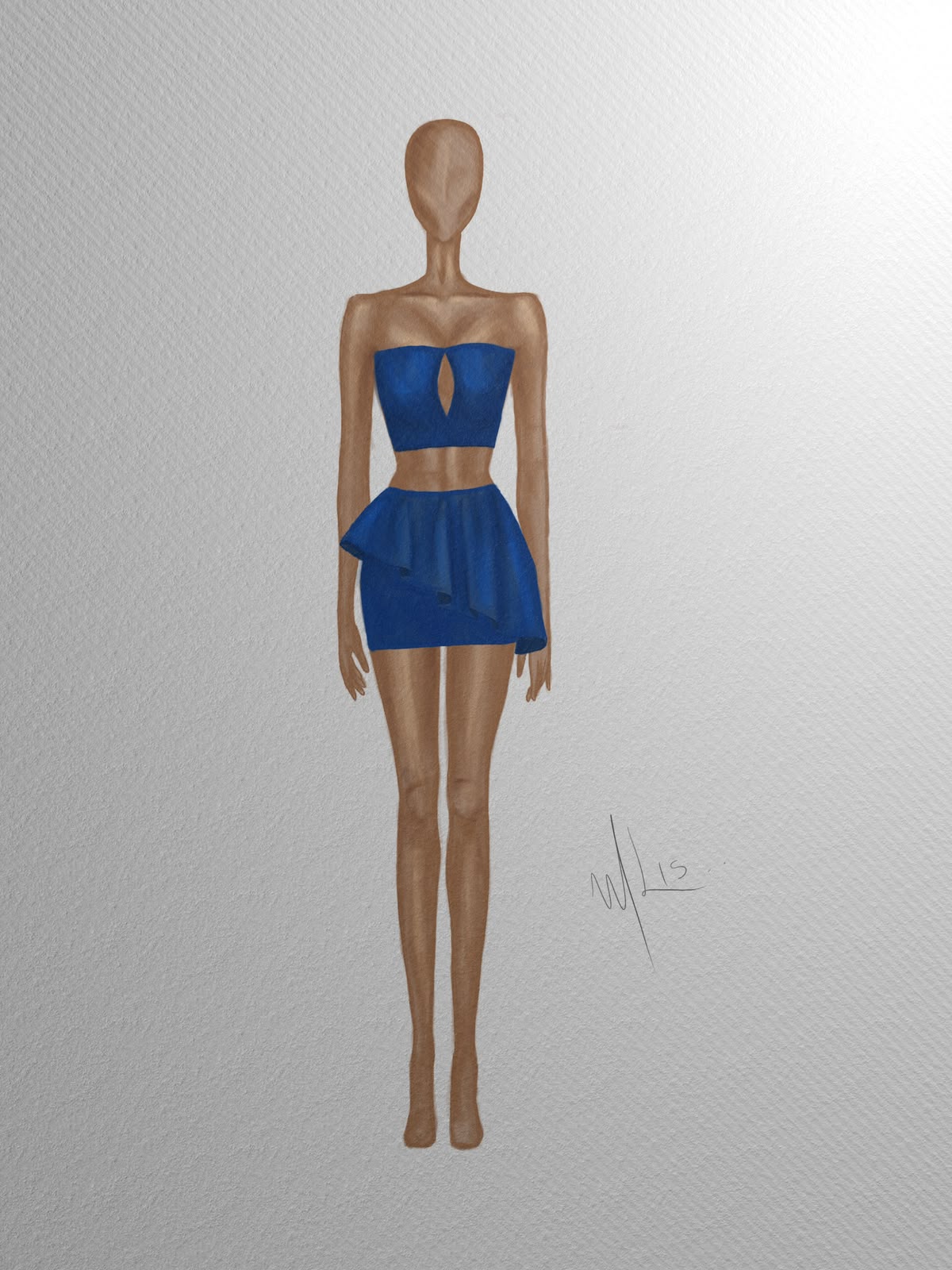 Croqui de conjunto azul com top tomara que caia e saia com peplum